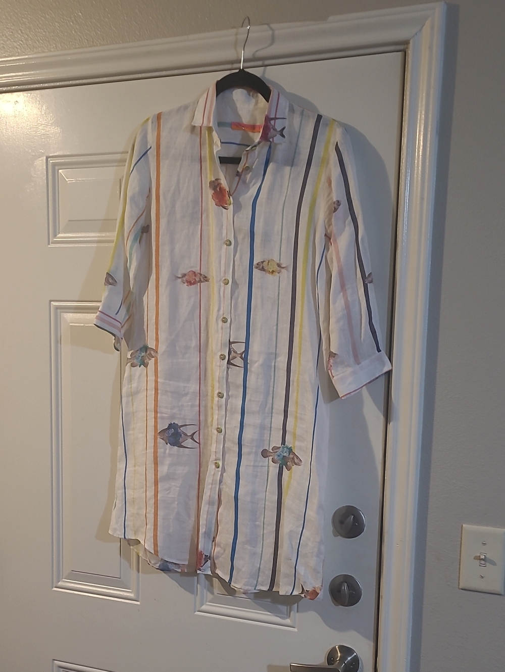 Vilagallo Fish Print Linen Shirt Dress Womens 38 White Striped Coastal Nautical